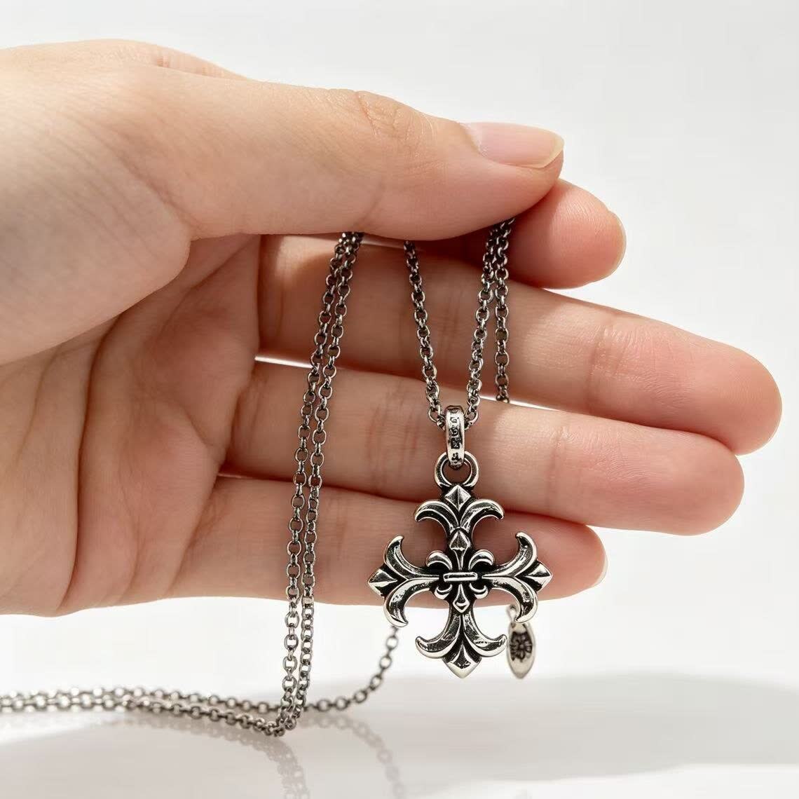 Chrome Hearts Sterling Silver Fleur-de-lis Cross Pendant Necklace